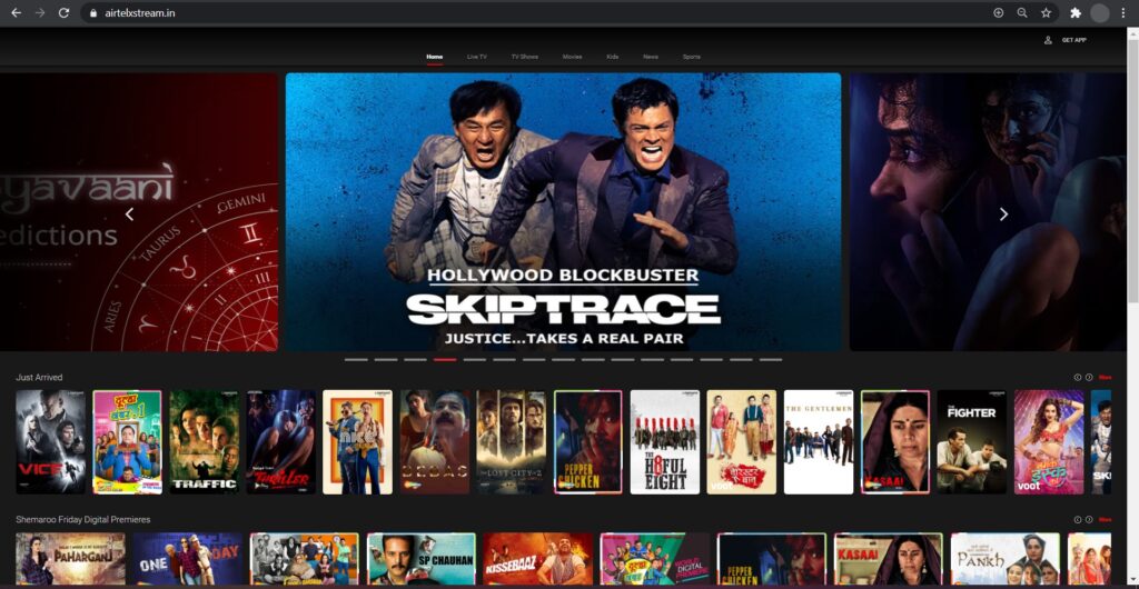 screenshot of Airtel Xstream on web